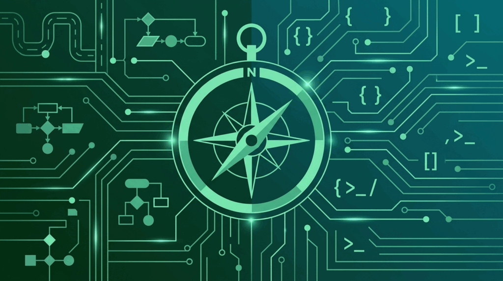 Kompas op circuit board patroon als symbool voor technisch leiderschap