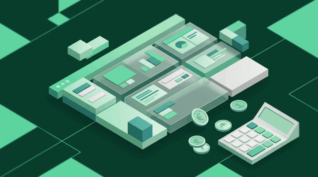 Isometrische illustratie van software bouwblokken met calculator en euro munten
