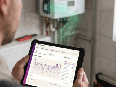 Monteur bekijkt CV-monitoringdashboard op tablet bij geopende CV-ketel met sensor