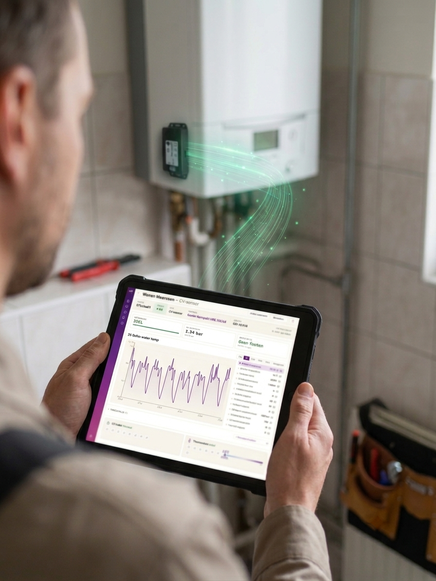 Monteur bekijkt CV-monitoringdashboard op tablet bij geopende CV-ketel met sensor